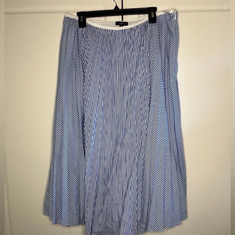 J Crew Blue White Striped Pleated Midi Skirt Side Zip 16 Excellent